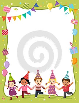 Template with cartoon of happy kids for invitation or birthday party card