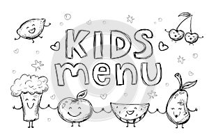 Template for children menu. Hand drawn different cartoon fruits, vegetables. Line art. Doodle of various happy food