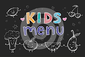 Template for children menu. Hand drawn different cartoon fruits, vegetables. Line art. Doodle of various happy food