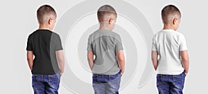 A template for children`s clothing on a boy in jeans, with hands in his pocket, for design presentation and advertising in an
