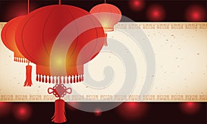 Template with Chinese lanterns over a scroll and glows, Vector Illustration