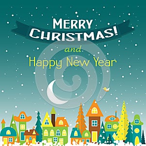 Template Christmas greeting card with a christmas tree and house