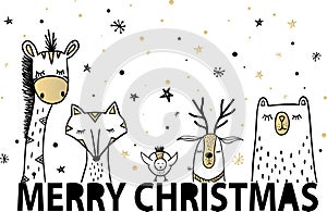 Template Christmas greeting card with a deer, fox and bear, giraffe