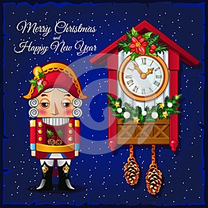 Template Christmas greeting card with Nutcracker and vintage cuckoo clocks on a blue background. Vector illustration.