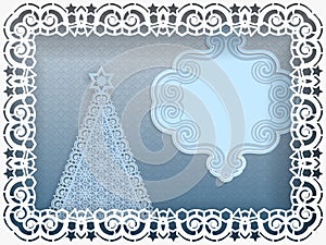 Template for Christmas greetings. Christmas tree in a frame with lace curbs on the edge. Label with a place for an inscription. Al