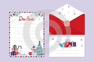 Template of christmas letter and envelope. Message with wishlist to Santa Claus. Greeting card with lettering Dear Santa