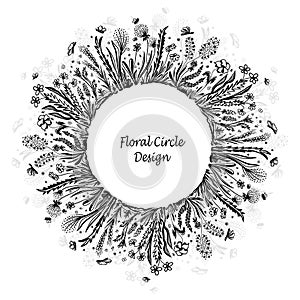 Template with circle frame from wild flowers grass and insects in black on white