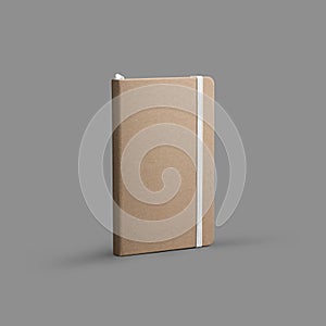 A template of a closed craft notebook with a bookmark, white band, stands on a gray background