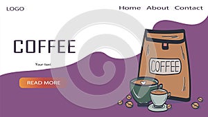 Template for coffee roasters website. Vector illustration for coffee shop. Design for banner, landing page, web page, blog post,