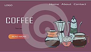 Template for coffee roasters website. Vector illustration for coffee shop. Design for banner, landing page, web page, blog post,