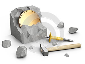 The template of the coin is visible inside the concrete or stone destroyed by the blow of a hammer and chisel. Business goal