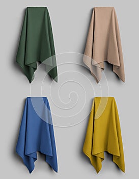 Template of a colored terry towel hanging on a hanger, large soft cloth for branding, advertising. Set