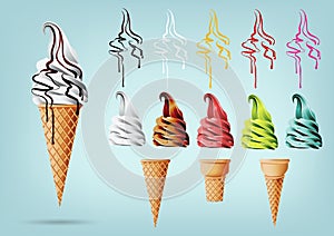 Template Colorful Ice cream in the cone, Different flavors, Vector