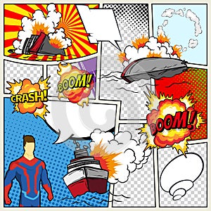 Template comic book page with warships. Vector retro background mock-up. Comic book page divided by lines with speech photo