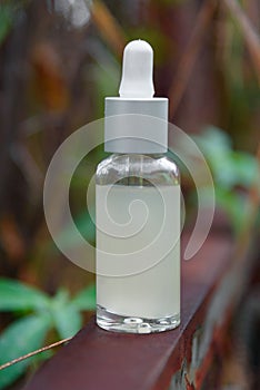 The template concept beauty skin care products - glass dropper bottle for cosmetic oil or serum on the bark of a tree