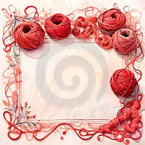 Template with copy space in the center and a frame made of wool or cotton yarn cups