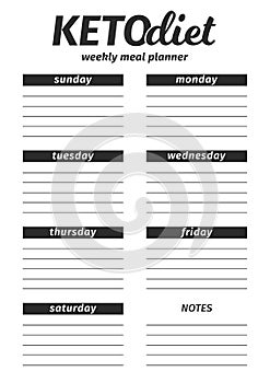 Template for the creation of the food menu The Ketogenic Diet. Vector illustration. Seven-day vertical meal plan. black photo