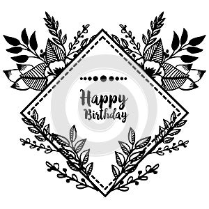 Template decoration of wreath frame, color black white, design celebration card happy birthday. Vector