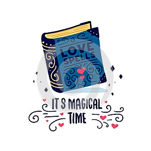 Template design banner with doodle book. It`s magical time poster with cute book love spells. Illustration for lov