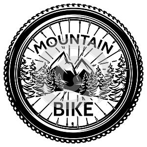 Template for design with bicycle wheel for mountain bike. Monochrome vector image