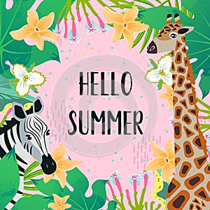 Template design card with cartoon style icons of zebra, giraffe in jungle. Cute characters in frame with text