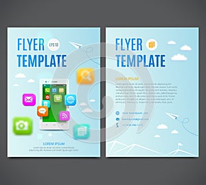 Template design flyer, white smartphone with cloud of application colorful icons