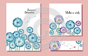 Template or design for greeting cards or invitations and bookmark with colorful watercolor hand drawn dandelions and flying blown