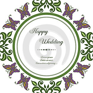 Template design happy wedding, texture green leaf and decoration butterfly. Vector