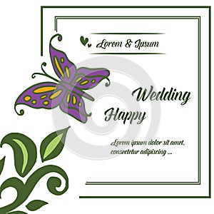 Template design happy wedding, texture green leaf and decoration butterfly. Vector