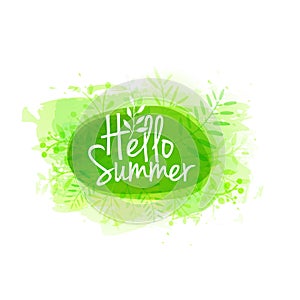 Template design of logo, stamp silhouette Hello, Summer. Watercolor green texture with floral, plant, berry decoration