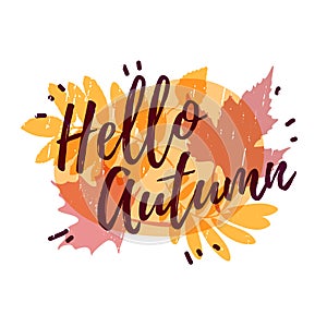 Template design of logos, stamps, badges, labels Hello, Autumn. Fall season banner on colored silhouette autumnal herb