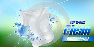 Template design of packaging for washing powder. Textile white realistic for advertising detergent.