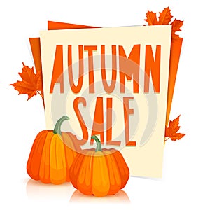 Template Design Poster autumn sale. The poster with the decor of orange maple leaves and pumpkins. Stickers with the