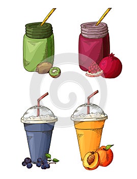 Template design with smoothie for banner, brochure. Organic fruit shake with ingredients. Vector illustration