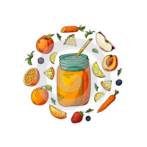 Template design with smoothie for banner, brochure. Organic fruit shake with ingredients. Vector illustration