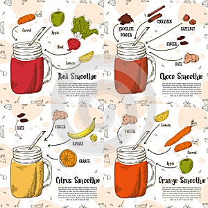 Template design with smoothie for banner, brochure. Organic fruit shake with ingredients. Vector illustration