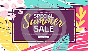 Template design web summer banner offer. Summer flyer for season offer on abstract brush background with flowe photo