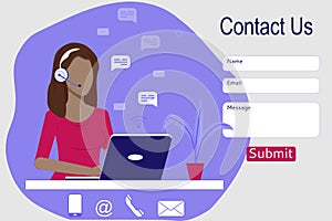 Template design for website and application contact us. Female call center customer service agent with headphones