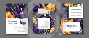 Template design with yellow and dark violet, navy blue tulips flowers
