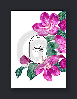 Template design for your products with pink flowers of a blooming spring fruit tree.