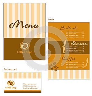 Template designs of menu and business card for cof