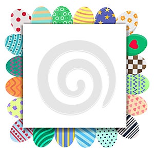 Template of Easter Card with Colorful Eggs in Wreath Form. Greeting or Invitation Template with Space for Text. Vector.