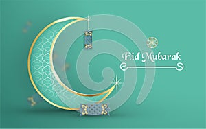 Template for Eid Mubarak with green and gold color tone. 3D Vector illustration in paper cut and craft  for islamic greeting card