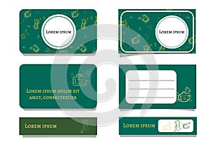 Template emerald green business cards with bottles and plants. Floral ornament and white dies for text. Vector illustration for