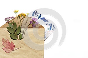 A template with envelope, postcard and flowers