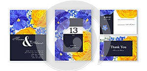 Template featuring realistic flowers of Ranunculus, Pansy, Viola and Forget-me-nots in yellow and blue colors.