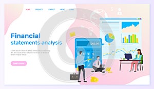 Template financial site. Financial analytics inprocess. People with laptops, calculator, data board photo