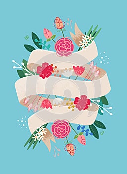 Template floral card design with place for your text lettering quote. Ribbon and flowers composition hand drawn style