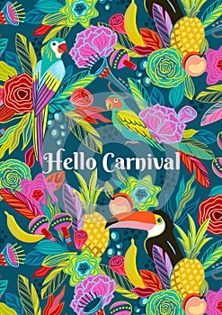 Template with flowers, fruits, birds, musical instruments. Brazil carnival. Vector design for carnival concept and other