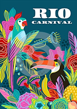 Template with flowers, fruits, birds, musical instruments. Brazil carnival. Vector design for carnival concept and other